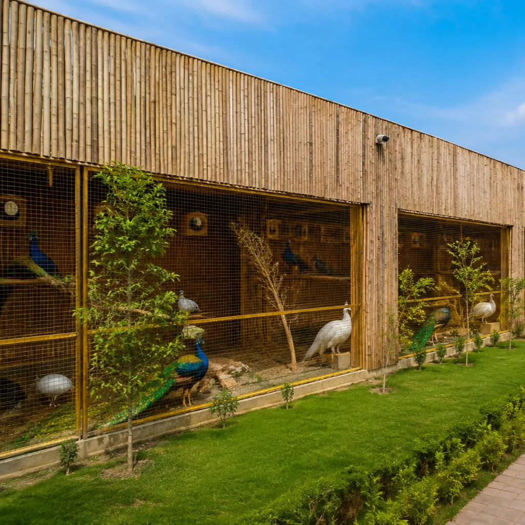 Peacocks in the aviary on the grounds of Yousaf Farmhouse, Faisalabad